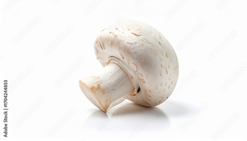 Fototapeta premium White Mushroom with Round Cap and Natural Stem Isolated on White Background for Botanical Object, Edible Fungus and Organic Food Concept