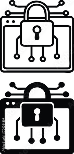 Encryption Icons. Black and White Vector Illustration. Padlock and Application. Process of Encrypting Information to Prevent Unauthorized Access. Password and Data Security Concept

