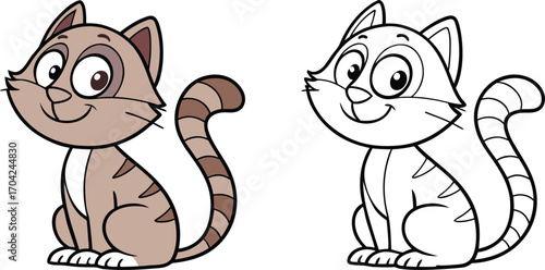 Cartoon Cat Illustration Featuring a Colored Version Alongside a Black and White Outline Drawing of the Cute Feline Friend