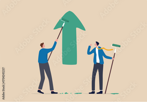 Business profit growth, improvement or career development, investment earning rising up or partnership to help grow business concept, businessman partner help painting growth green arrow graph.