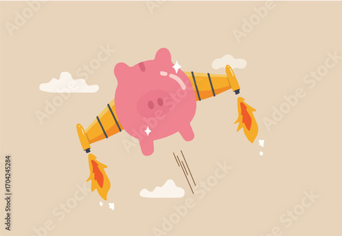 Boost financial earning or income, get rich fast or high growth investment, business opportunity or salary rising up concept, pink piggy bank with rocket booster wing flying fast high up in the sky. 