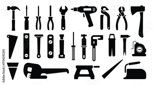 Collection of black silhouette hand tools and workshop equipment on white background hammer screwdriver