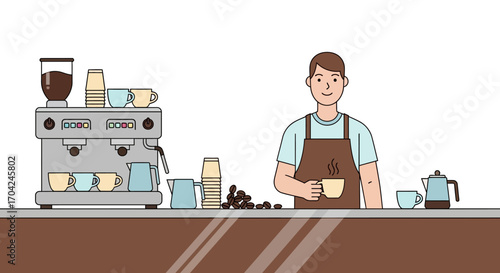 Professional barista character at work behind a cafe counter with an espresso machine, preparing a fresh cup of coffee for a customer