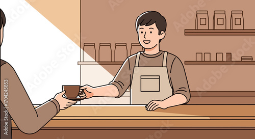 Coffee shop interaction A barista hands a cup of coffee to a customer
