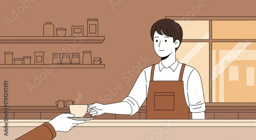 Friendly barista serving a freshly brewed hot beverage to a customer in a cozy and modern coffee shop environment, highlighting excellent service and hospitality