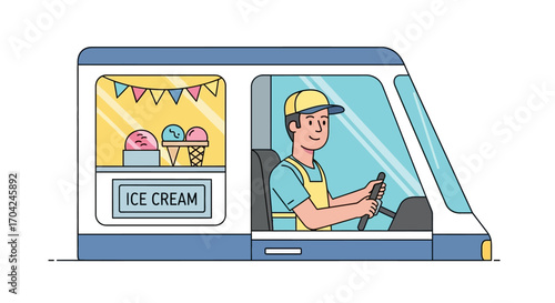 A happy young vendor driving a mobile ice cream truck, representing a small business and summer food service industry