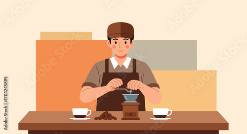 Barista Grinding Coffee Beans A Coffee Shop Illustration