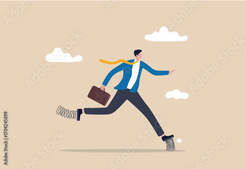 Business efficiency booster, increase productivity and increase performance, innovation and business advantage concept, smart businessman running fast with elastic spring bouncing on the shoes