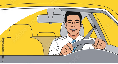 Vector illustration of a smiling man in professional attire driving a car, representing a positive commute or a rideshare service