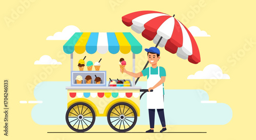 A joyful ice cream vendor offers a variety of sweet treats and refreshing frozen desserts from his vibrant mobile cart, bringing summer delight to customers