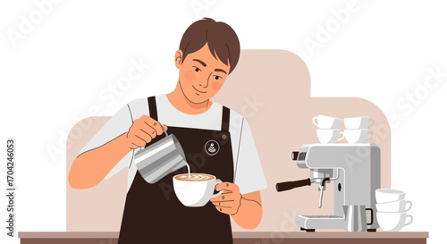 Barista pouring milk into coffee a simple illustration of a coffee shop worker creating latte art