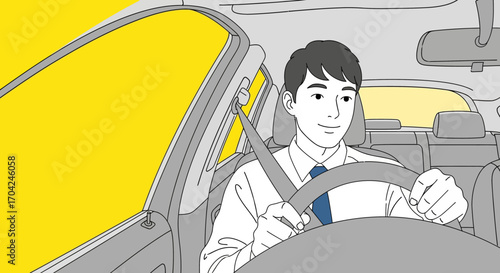 Driving Safety Illustration A Man Buckled Up for a Safe Journey in Automotive