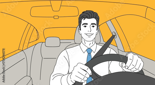 Smiling Man Driving a Car Happy Commute Illustration
