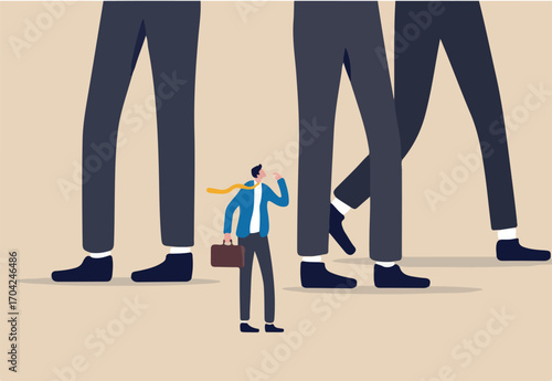 Entrepreneur or small business to fight with large company, fear in business competition, threats or conflict concept, struggle businessman look at big company competitor in same business or industry.