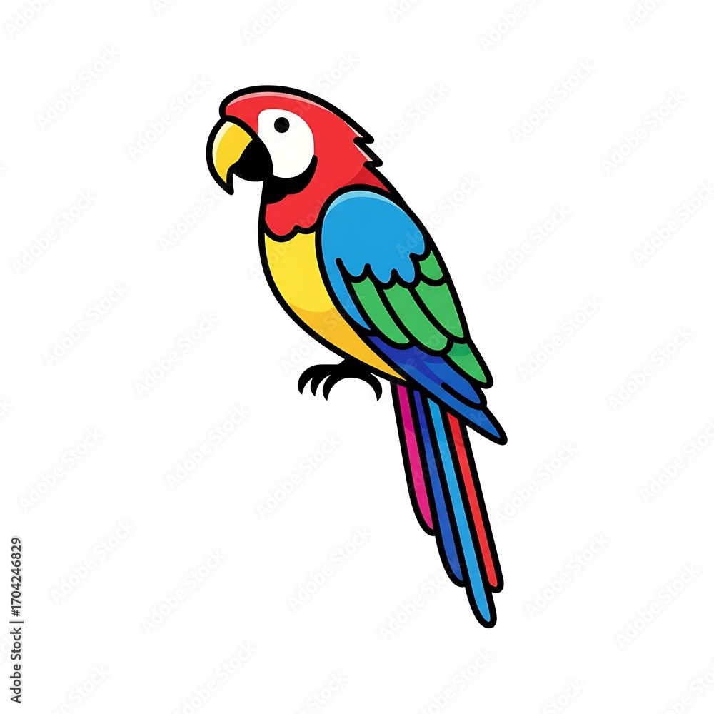 Fototapeta premium Tropical parrot with bright feathers, flat vector, white background