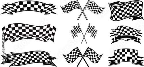 Collection of waving checkered racing flags and banners set vector