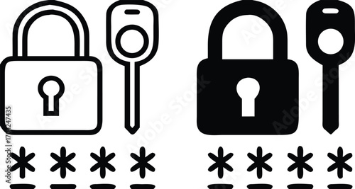 Password Icons. Black and White Vector Illustrations. Padlock, Key, and Hidden Code. Secret Combination of Numbers, Letters, and Symbols to Access Data. Data Security and Protection

