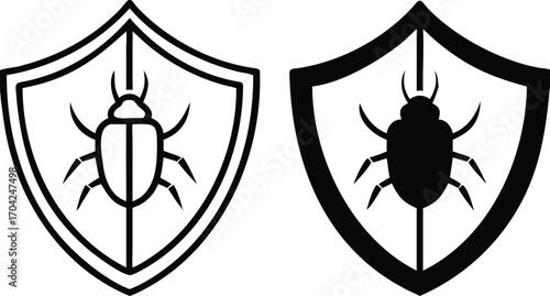 Antivirus Icons. Black and White Vector Illustrations. Shield and Bug. Malware Detecting and Neutralizing Program. Data Security and Protection Concept

