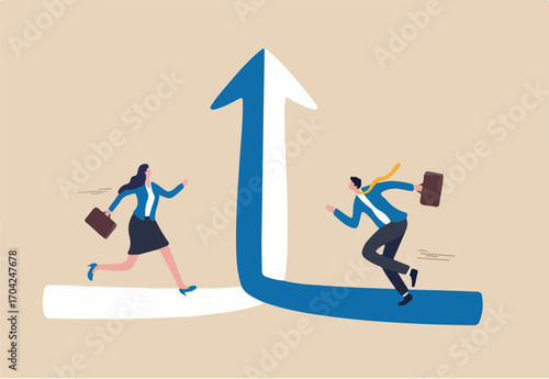 Collaboration synergy work to growth together, joint alliance or merger and acquisition, team and partnership concept, businessman and woman running to join direction together to succeed target.
