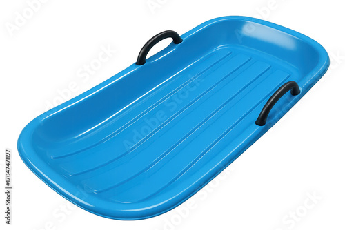 Blue plastic snow sled with black handles on transparent background