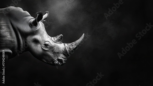 Black and white rhino portrait on dark background