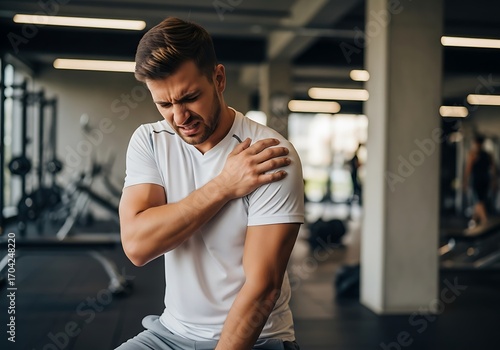 Man Experiencing Shoulder Pain in Gym.