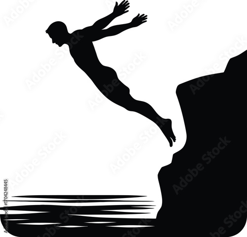 Silhouette of a person diving from a cliff into water