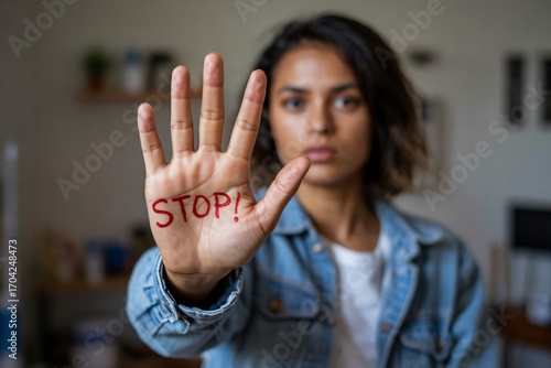 This powerful image features a woman holding her hand up to the camera, with the word 