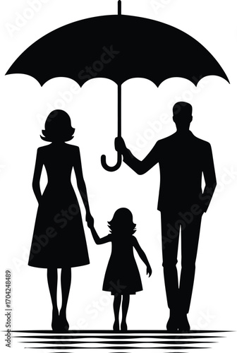 Family protected by an umbrella, symbolizing security, insurance, and care