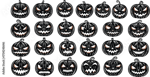 Halloween Jack‑O’‑Lantern Icon Set Featuring 25 Unique Carved Pumpkin Faces with Spooky and Funny Expressions