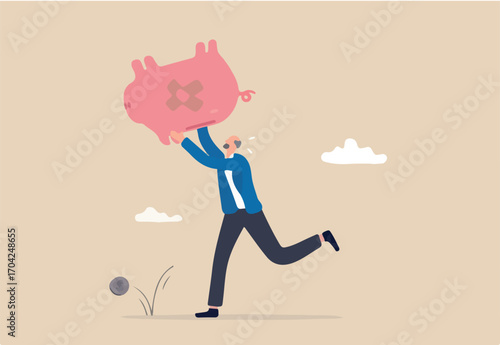 Poor retiree old man, broke losing all pension or retirement funds, financial problem, poverty or bankruptcy after retired concept, depressed worried old man shaking piggybank pension with no money.