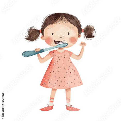 Cartoon girl with pigtails brushing teeth in a pink dress and striped socks