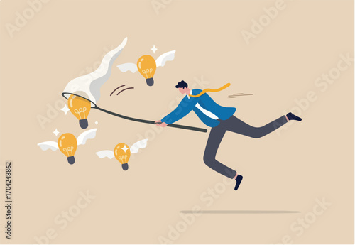 Capture new business ideas, search for innovation or creativity, brainstorm or invent new discovery project concept, smart businessman chasing and catch flying lightbulb ideas with butterfly net