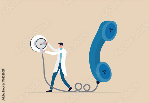Telehealth or telemedicine service, technology that doctor can diagnose or consult patient via telephone call or internet conference concept, doctor holding stethoscope connect with big telephone.