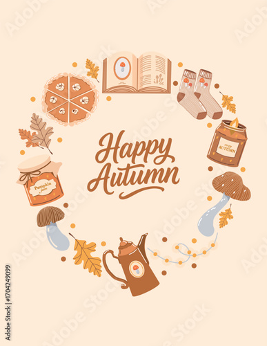Autumn holiday card with a round frame - a wreath of autumn attributes and the inscription Happy autumn. Fall template. Background for the harvest festival or Thanksgiving Day. Autumn frame of pumpkin
