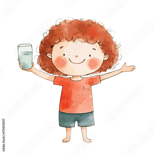 Cheerful Child Holding Water Glass Smiling Arms Outstretched Watercolor Style