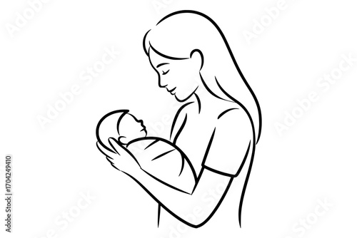 Mother and Newborn Baby: Line Art Illustration of a Woman Gently Holding her Infant