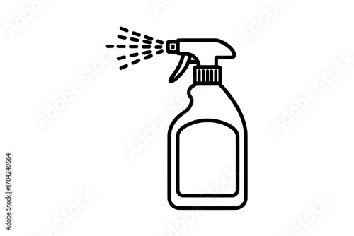 Single Line Art Spray Bottle Icon: Black Outline Cleaning Sprayer with Mist on White Background