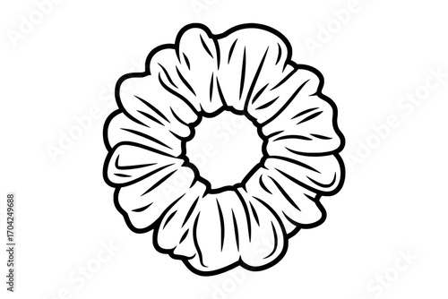 Single Scrunchie Illustration: Black Outline, Detailed Fabric Texture, Circular Design