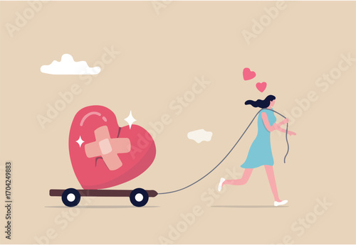 Move on or forget and forgive, open for new relationship, heal or cured from heart broken or divorce and relationship problem concept, happy woman walking with bandage repaired heart shape