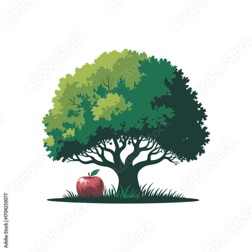 Majestic green oak tree with a single red apple on the ground beneath