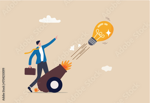 Launch new business idea, creativity and innovative winning solution, entrepreneurship or start up business concept, smart businessman entrepreneur launching light bulb idea from powerful cannon.