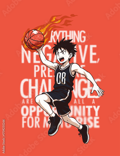 Anime Basketball Player Dunking with Fiery Ball Illustration