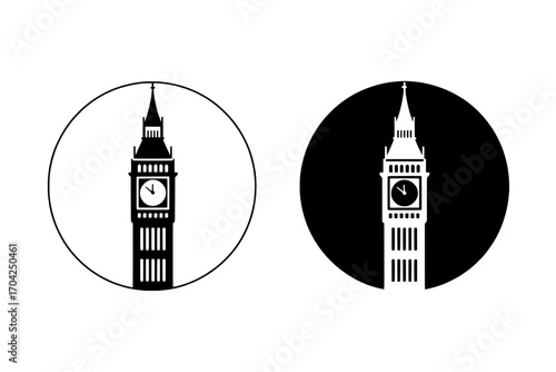 Two Big Ben Icons: Black and White Inverted Designs within Circular Frames