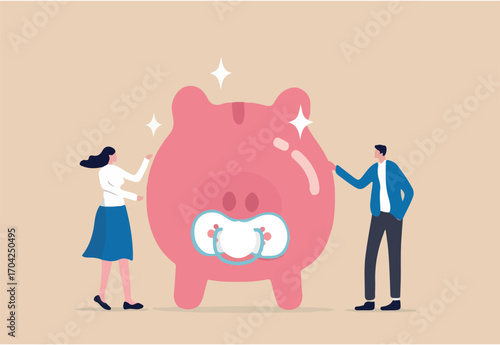 Child care expense planning, spending on having a baby or financial budget for kids concept, smart parent new father and mother with baby piggybank with teether metaphor of savings for kids.