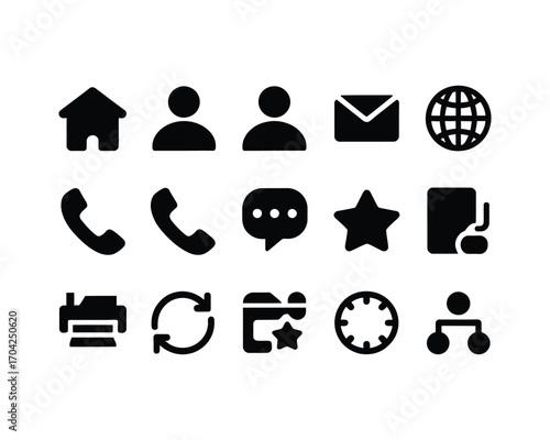 An illustration of a universal icon set with black solid glyphs for business contact, web navigation, and user interface design