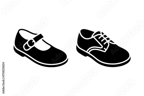 Pair of Shoes Icons: Mary Jane & Oxford, Solid Black, Isometric View