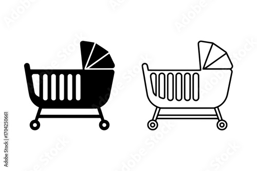 Two Baby Crib Icons: Solid Black and Outlined Versions