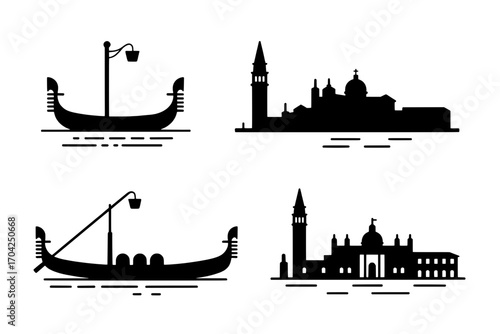Four Simple Black Silhouettes: Two Gondolas and Two Venice Skylines