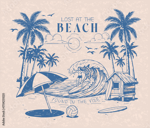 Vintage Beach Illustration with Palm Trees and Surfer Wave Scene